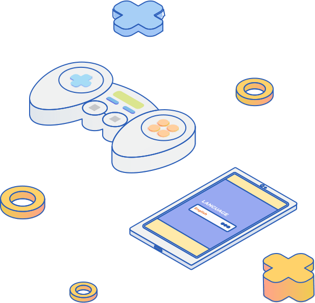 ゲーム機やスマートフォンとアイコンのイラスト