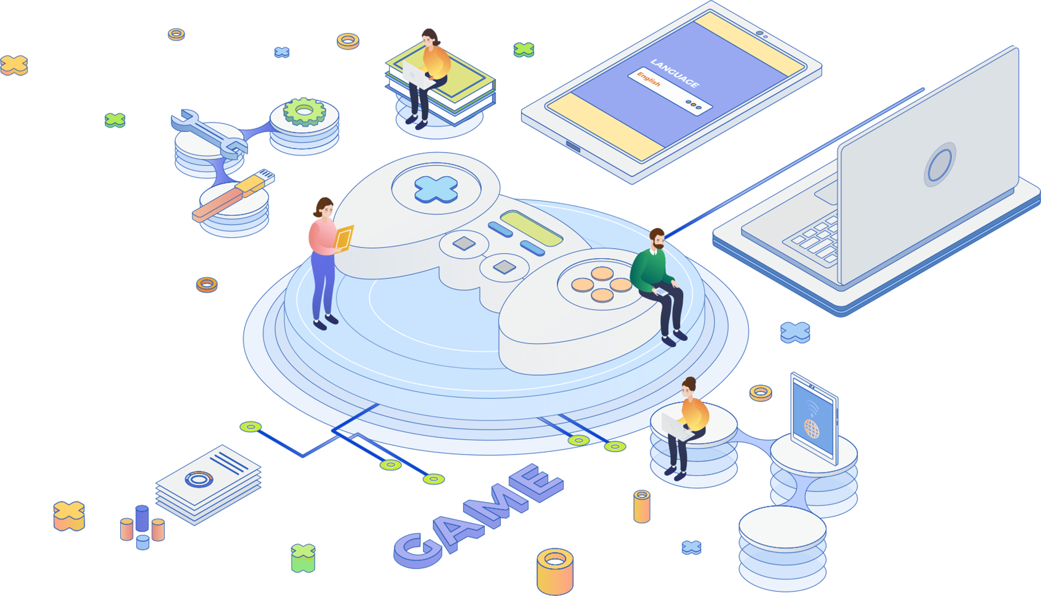 ゲーム開発をテーマにしたデータベースやツールアイコンと、人々がデバイスを操作する様子を表現したイラスト