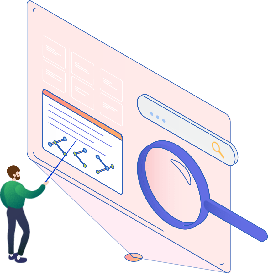 データやグラフが表示された画面を調査・解析している様子を表現したイラスト